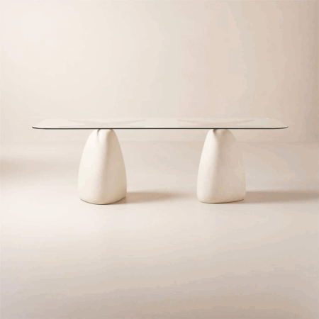 Glass Dining Table with Brass Base and Stone Pedestals