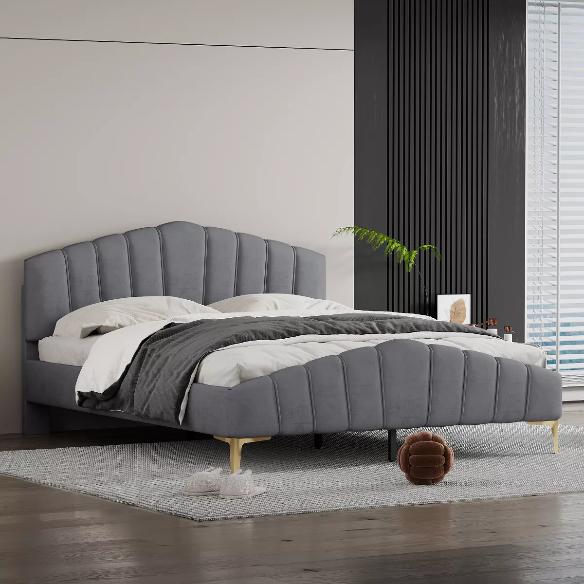 Stylish Pleated Bed in Charcoal Grey